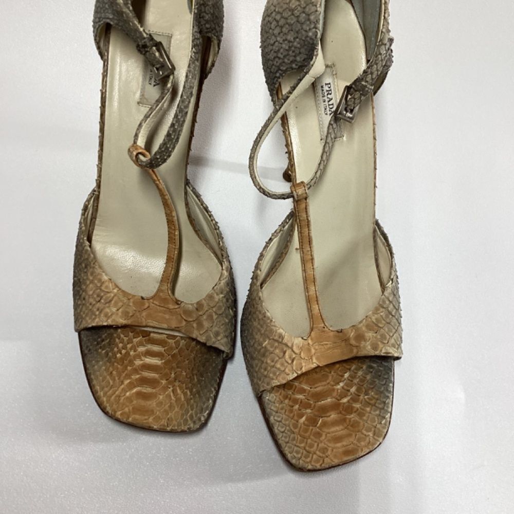 Prada Brown Tan Snakeskin T-Strap Heels - Picture 2 of 15